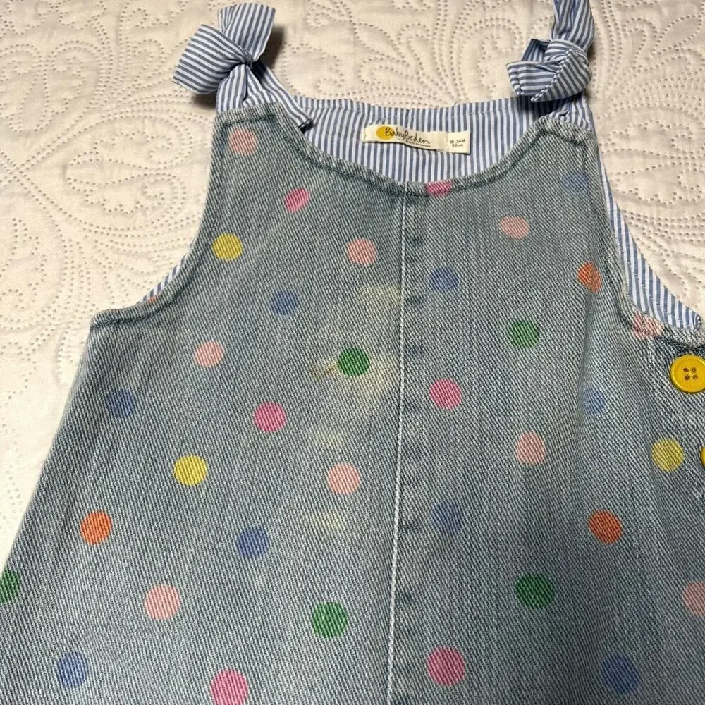 Baby Boden Light Blue Denim Polka Dot Heart Pocket Overalls